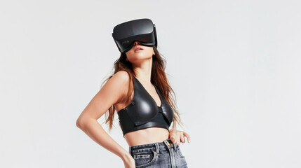Obraz na płótnie Canvas Trendy Woman Embraces VR Technology in Leather Ensemble