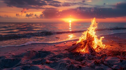 Bonfire in the middle of a beach on a beautiful summer sunset in high resolution and high quality. CONCEPT vacation,landscape,beach,campfire - Powered by Adobe