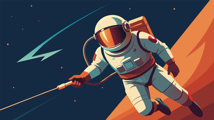 The quiet tranquility of the spacewalk was broken by the sudden appearance of a discarded bolt hurtling towards the astronauts helmet. With - obrazy, fototapety, plakaty