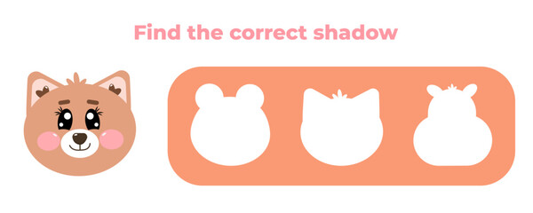 Find the correct shadow of cute kawaii cat, kitten. Educational preschool kids, children mini game. Choose correct answer