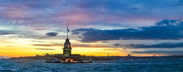maiden tower and sunset over the bosphorus, istanbul