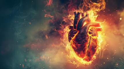 Tense Scene with a Human Heart Surrounded by Fire, Depicting Passion and the Fragility of Life