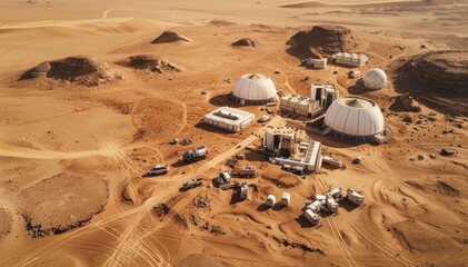 A fictional Mars Desert Research Station generated by AI.  Mars surface research facility, habitats. Space, technology, science, astronomy, space robots, scientific experiments concept. 