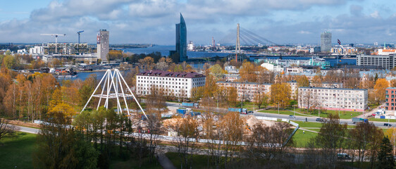 Construction of the observation wheel in Riga, Latvia. Beautiful ferris wheel in the Victory park in the center of Riga with a beautiful view of the old town.