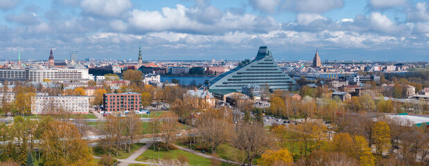 Aerial view of the Riga, Latvia. Beautiful summer day over Riga with old town in the background. Capital of Latvia.
