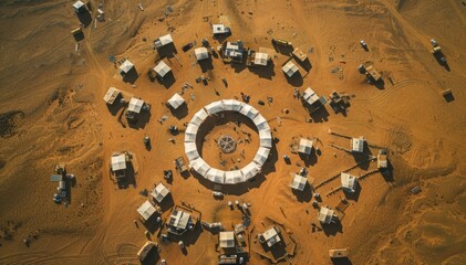 A fictional Mars Desert Research Station generated by AI.  Mars surface research facility, habitats. Space, technology, science, astronomy, space robots, scientific experiments concept. 