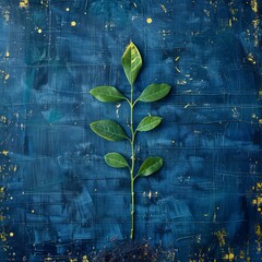 A young plant with several leaves, each new leaf accompanied by an upward arrow, on a navy blue background--ar 7:2