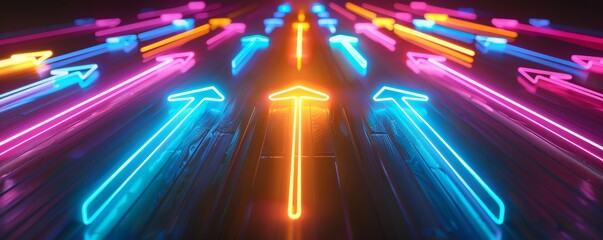 Neon arrows pointing upwards, each glowing brighter, representing vibrant career trajectories, set on a simple black background with space for text - obrazy, fototapety, plakaty