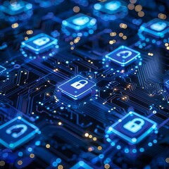 A cybersecurity hub using AI to thwart cyber attacks, with digital blue arrows depicting increased security measures, on a navy blue background--ar 7:2