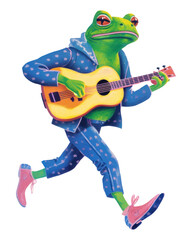 PNG  A cartoon Frog playing a mini guitar paper frog representation. 