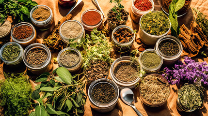 A wooden table with a variety of spices and herbs in small bowls.