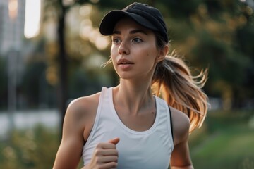 Late Afternoon Jogging in the Park With a Focused Female Runner