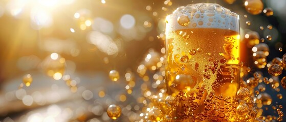 3D bubbly beer in sunlight - obrazy, fototapety, plakaty