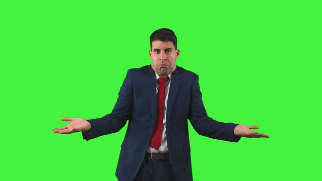 perplex businessman as he raises his palms upwards, displaying a look confusion Green Screen Chroma
