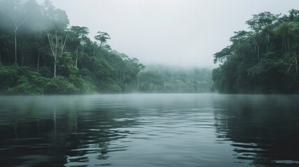 Amazon river in the middle of the forest with fog in Latin America, Colombia, Venezuela, Brazil, Ecuador. in high resolution and quality - obrazy, fototapety, plakaty