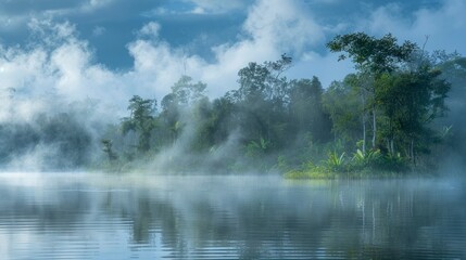 Amazon river in the middle of the forest with fog in Latin America, Colombia