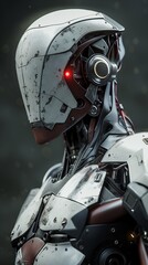 Fototapeta premium A robot featuring a complex mechanical structure with a red light glowing on its face.