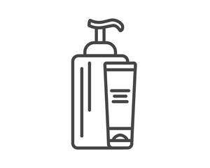 Line vector icons of beauty and cosmetics icons. Vector icons in the form of cream, bottle and jar, shower gel, face cream, body lotion, spray, medical ointments, toothpaste, face and body care