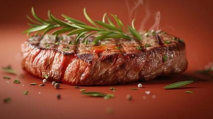 A delicious grilled steak topped with fresh herbs emitting aromatic steam against a red background.