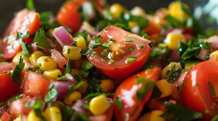 A close-up view of a fresh salad featuring juicy tomatoes and golden corn kernels, highlighting the...