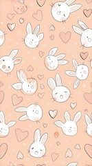Seamless pattern featuring rabbits and hearts in a digital illustration on a pink backdrop.