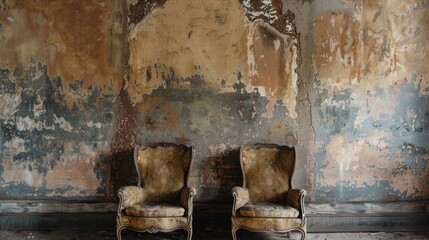 Hotel interior shot with two chairs and weathered wall