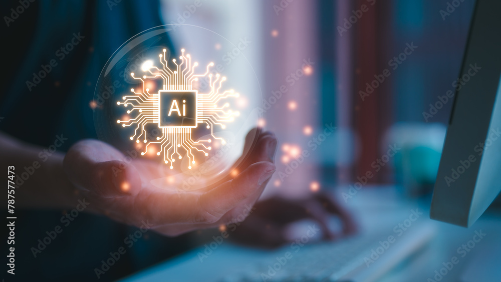 Poster artificial intelligence digital transformation change management, internet of things. man using comp