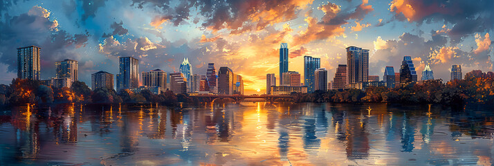 Austin Texas USA Skyline on the Colorado River,
A city is reflected in the water with a sunset in the background
 - obrazy, fototapety, plakaty