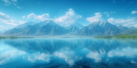 A detailed painting showcasing a lake reflecting the surrounding mountains.