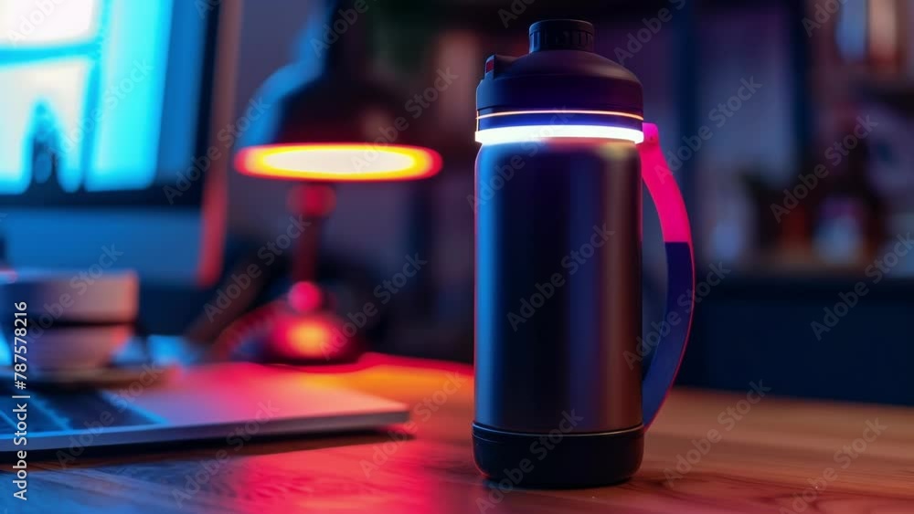 Poster closeup of a smart water bottle with sensors and led lights reminding the user to stay hydrated with