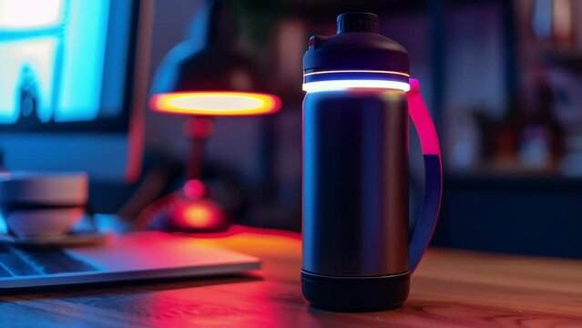 Closeup of a smart water bottle with sensors and LED lights reminding the user to stay hydrated with visual and audio prompts perfect for individuals with mobility limitations.