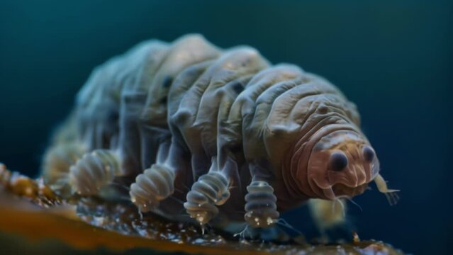 A closeup image of a tardigrades icle showcasing its incredible survival abilities with its durable and flexible exoskeleton. . AI generation.