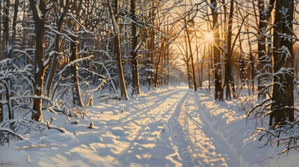 Sunlit snowy woodland