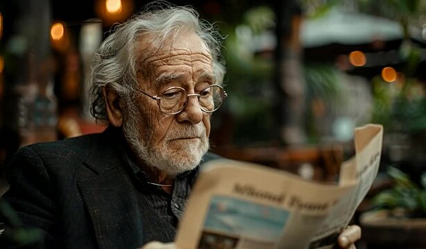 An elderly man sits in a restaurant reading a newspaper