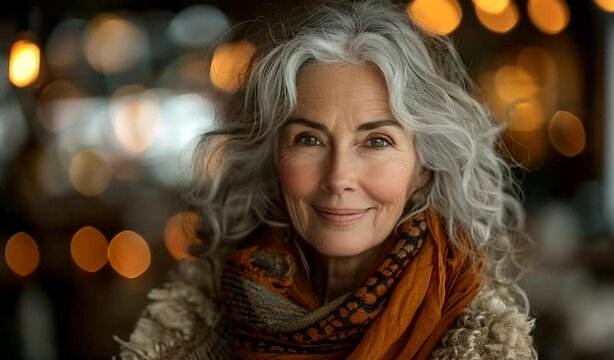 A mature woman with silver hair wearing a stylish scarf