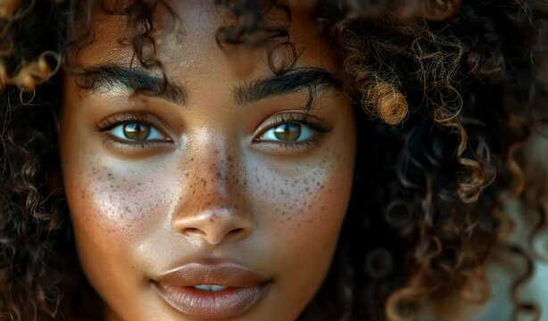 A detailed view of a womans face showcasing her natural freckles up close