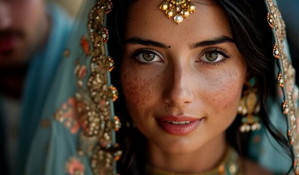 A close up view of a womans face as she wears a traditional veil. The focus is on the intricate details and fabric of the veil