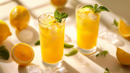 Two glasses of freshly made lemonade with lemon slices and mint leaves.
