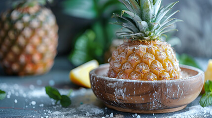 A pineapple sits in a bowl with a lemon slice and some mint leaves - obrazy, fototapety, plakaty