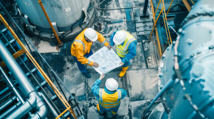 Team of engineers in safety gear reviewing blueprints at an industrial site