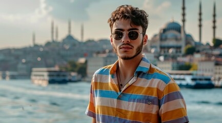 Portrait of a young adult man against the background of the night panorama of Istanbul, Turkey. Male tourist posing on the Galata Bridge over the Golden Horn at dusk - obrazy, fototapety, plakaty