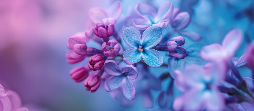 Blooming lilac flowers displayed on an abstract background in a macro photograph.