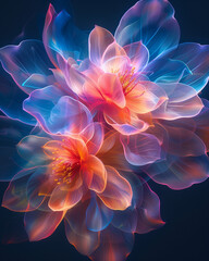 magnificent flowers with translucent pink, orange and blue hued petals on a deep blue background - obrazy, fototapety, plakaty