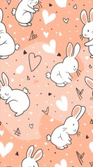 Seamless pattern featuring digital illustrations of rabbits and hearts on a pink background.