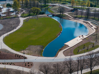 New redesigned Victory park in Riga, Latvia with a pond and pedestrian walks.