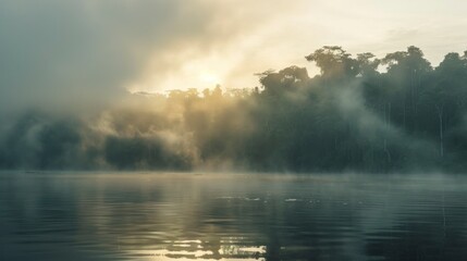 beautiful sunrise seen from an Amazon river surrounded by forest with fog in high resolution and quality