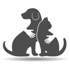 Pet care symbol.Cat and dog silhouette icon with human hands on white background.