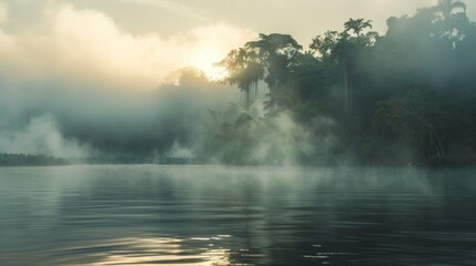 beautiful sunrise seen from an Amazon river surrounded by forest with fog in high resolution and high quality HD - obrazy, fototapety, plakaty