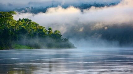 beautiful sunrise seen from an amazon river surrounded by forest - obrazy, fototapety, plakaty