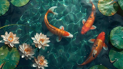 Serene Asian Pond Alive with Colorful Koi and Blooming Lilies